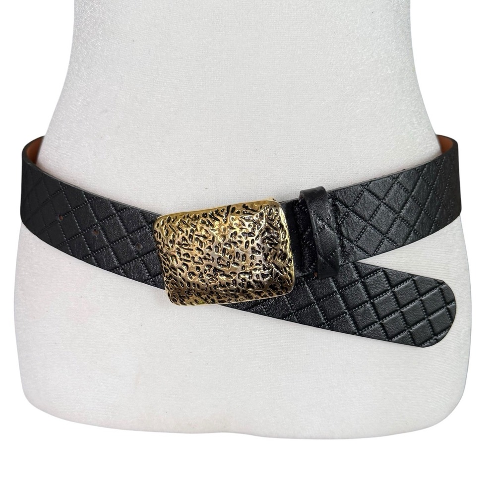 Vintage Streets Ahead Quilted Leather Statement Belt Gold Buckle Size Small USA
